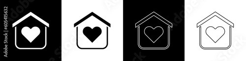 Set Shelter for homeless icon isolated on black and white background. Emergency housing, temporary residence for people, bums and beggars without home. Vector
