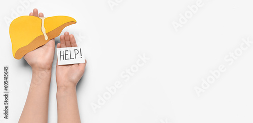 Quadro su tela Female hands holding liver and paper with text HELP on white background with spa