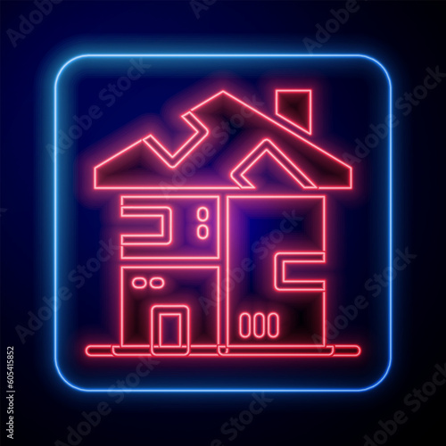 Glowing neon Homeless cardboard house icon isolated on black background. Vector