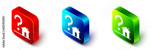 Isometric House with question mark icon isolated on white background. Housing problems, questions. Red, blue and green square button. Vector