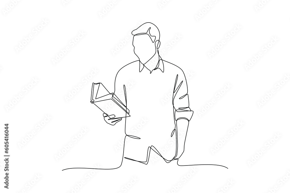 Continuous one-line drawing boy standing reading a book. Book concept. Single line drawing design graphic vector illustration