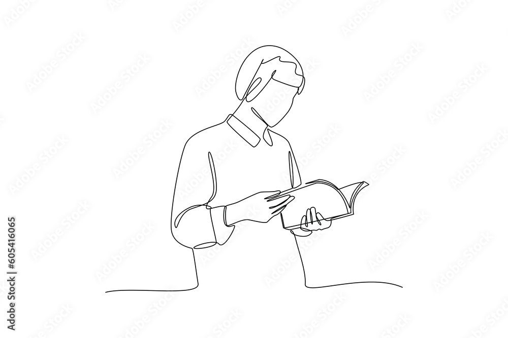 Continuous one-line drawing woman reading a book seriously. Book concept. Single line drawing design graphic vector illustration