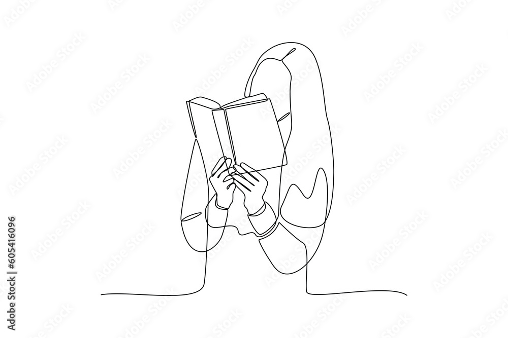 Continuous one-line drawing woman reading a textbook. Book concept. Single line drawing design graphic vector illustration Continuous one-line drawing woman reading a textbook. Book concept. Single line drawing design graphic vector illustration