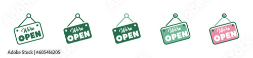 we are open sign icon welcome shop hanging on door symbol vector illustration 