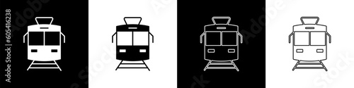 Set Tram and railway icon isolated on black and white background. Public transportation symbol. Vector