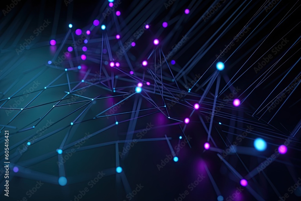 Fototapeta premium Abstract connected dots and lines. Concept of AI technology, Motion of digital data flow. Communication and technology network concept with moving lines and dots.AI Generated
