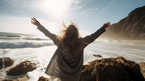 woman standing with rised hands in front of rocky sea shore with waves and splashes. Neural network generated in May 2023. Not based on any actual person, scene or pattern. Generative AI