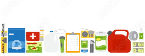 A set of emergency supplies, hurricane and disaster preparedness items in a wide horizontal row with copy space.
