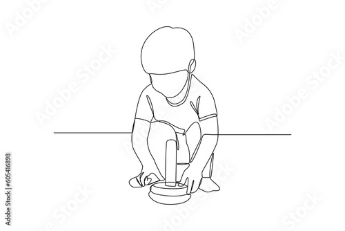 Single one-line drawing little kids are excited to play. Children playing with toys concept. Continuous line drawing illustration
