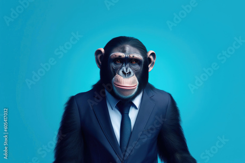 Business chimpanzee, blue background. Generative AI © AIproduction