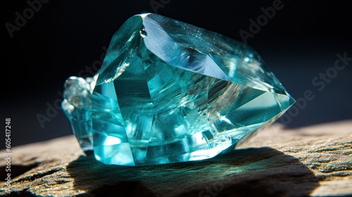 Close-up of bright blue glowing aquamarine mineral. blurred background. Generative ai