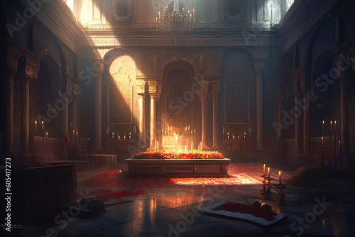 Funeral inside throne room, sunlight, moody, nostalgic. Generative AI