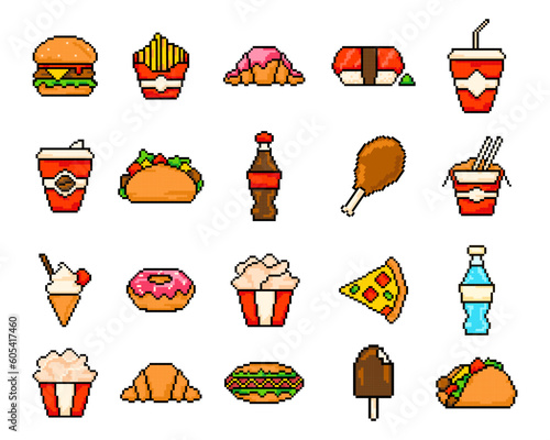 Fast food pixel art set, fast restaurant pixelated elements burger, hot dog, taco, ice cream, pizza, coffee. Vector illustration game assets 8-bit sprite, isolated street food pixel.