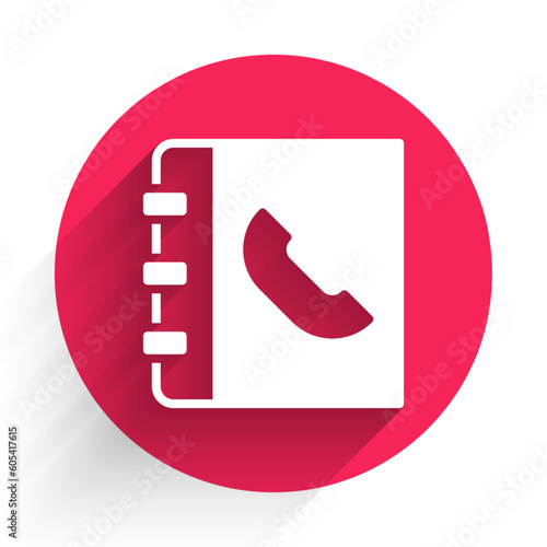 White Phone book icon isolated with long shadow background. Address book. Telephone directory. Red circle button. Vector