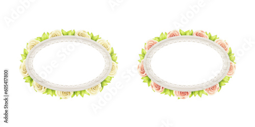 レースと草花をあしらった、楕円形の白の木製フレーム