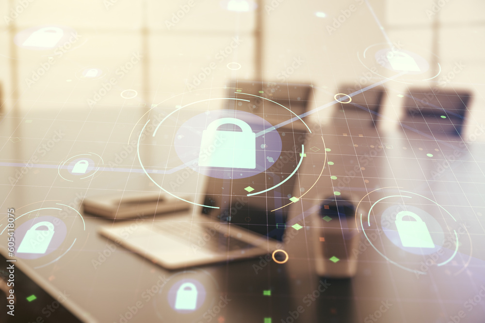Creative lock sketch with chip hologram on modern laptop background, protection of personal data concept. Multiexposure Creative lock sketch with chip hologram on modern laptop background, protection of personal data concept. Multiexposure