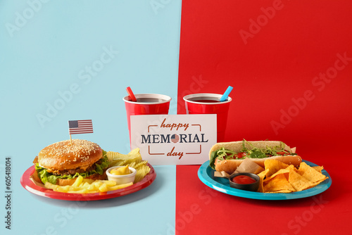 Plates of tasty dishes, col...