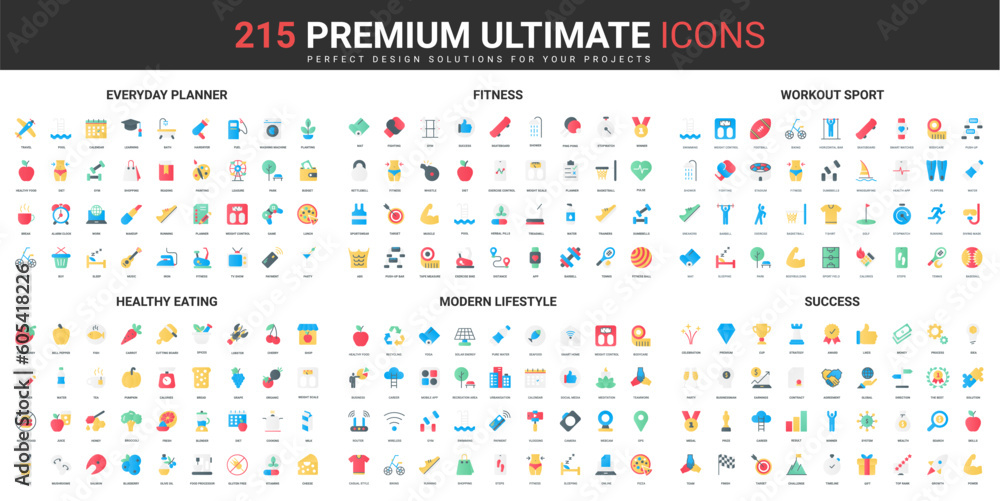 Vecteur Stock Modern Lifestyle And Sport Workout Color Flat Icons Set vecteur-stock-modern-lifestyle-and-sport-workout-color-flat-icons-set