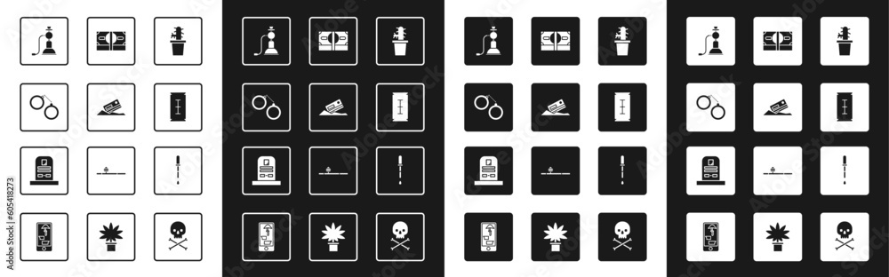 Set Cactus peyote in pot, Cocaine and credit card, Handcuffs, Hookah, Blade razor, Stacks paper money cash, Pipette and Tombstone with RIP written icon. Vector Set Cactus peyote in pot, Cocaine and credit card, Handcuffs, Hookah, Blade razor, Stacks paper money cash, Pipette and Tombstone with RIP written icon. Vector