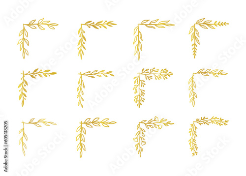 Gold corner border floral, flower frame set. Hand drawn rustic sketch doodle golden corner boarder for floral frame design element, flourish fancy pattern. Vector illustration