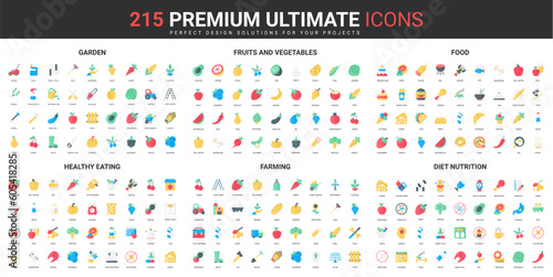 Healthy food product, farming and diet color flat icons set vector illustration. Abstract symbols of garden fruits and vegetables, nutrition for weight loss simple design for mobile and web apps