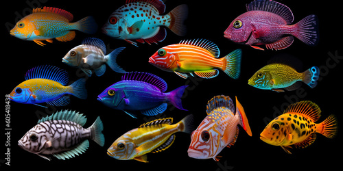 Diversity of bright tropical fish isolated on black background, biodiversity. Generative AI.