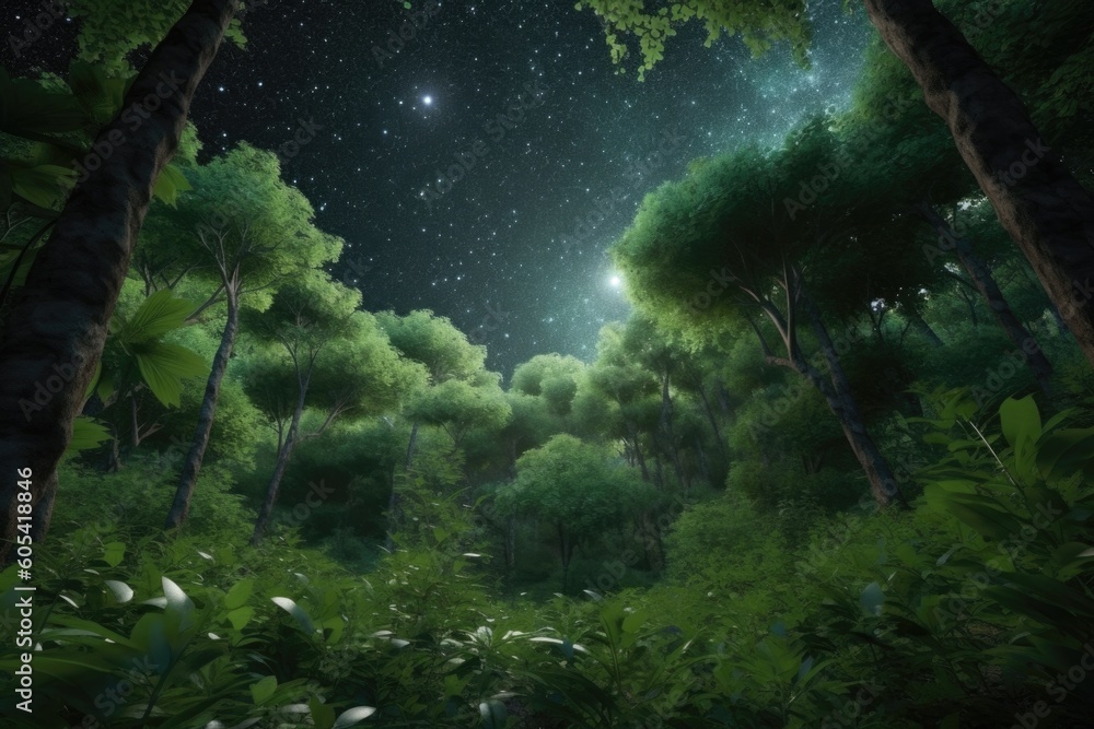 A forest with a starry sky and a green tree Generative Ai