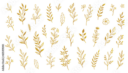 Gold branch leaf element set. Hand drawn sketch doodle golden leaves floral element for wedding background, elegant design. Vector illustration.