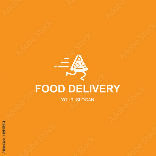 Fast food delivery logo with pizza slice running. Fast food food. Vector illustration. Flat style.