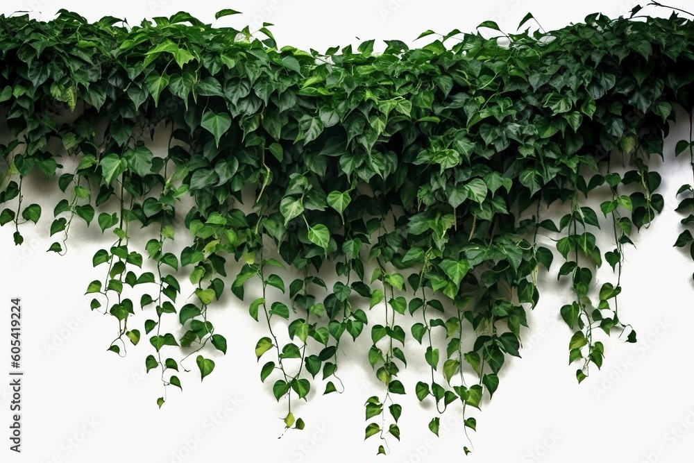 Obraz premium Hanging vines ivy foliage jungle bush, heart shaped green leaves climbing plant nature backdrop , generate ai