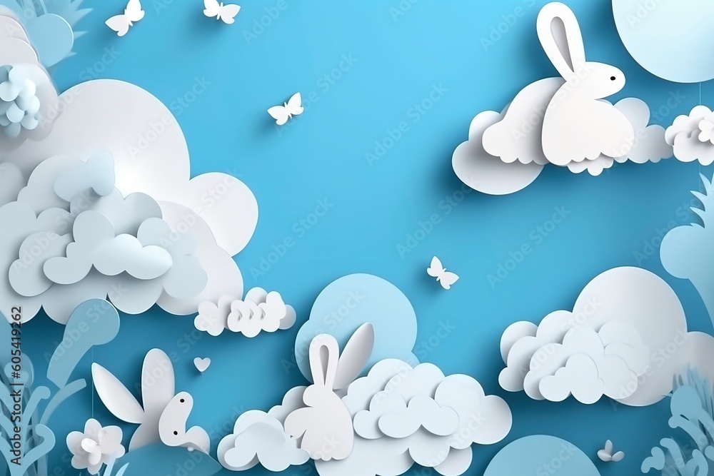 Horizontal banner with paper cut clouds, rabbit, eggs, and hearts, blue sky background, paper cut craft art. A place for text. Happy Easter Day sale concept, template with square frame, generate ai Horizontal banner with paper cut clouds, rabbit, eggs, and hearts, blue sky background, paper cut craft art. A place for text. Happy Easter Day sale concept, template with square frame, generate ai