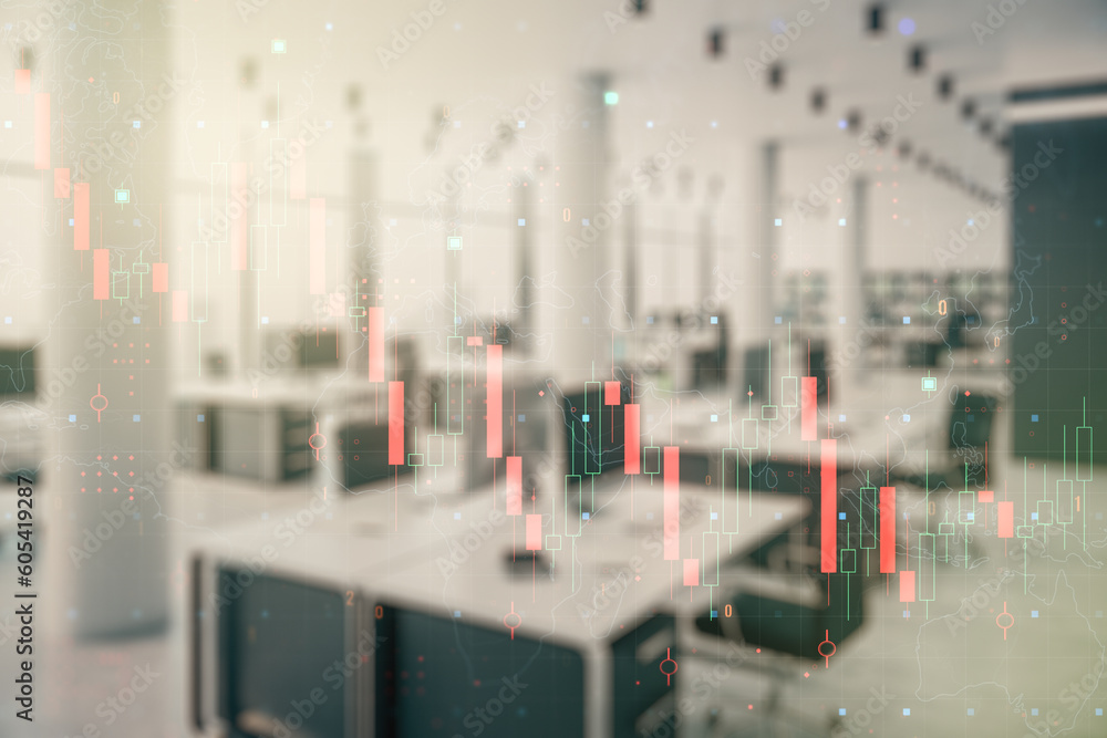 Abstract virtual crisis chart illustration on a modern furnished office background. Global crisis and bankruptcy concept. Multiexposure Abstract virtual crisis chart illustration on a modern furnished office background. Global crisis and bankruptcy concept. Multiexposure
