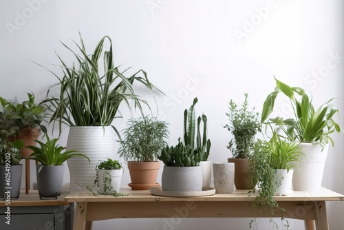 Green houseplants in pots and watering can on wooden table near white wall , generate ai © MstAsma