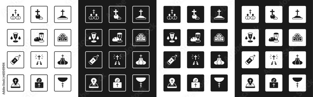 Set Grave with cross, Goblet and bread, Christian chalice, Priest, Stained glass, Church tower and Holy water bottle icon. Vector Set Grave with cross, Goblet and bread, Christian chalice, Priest, Stained glass, Church tower and Holy water bottle icon. Vector