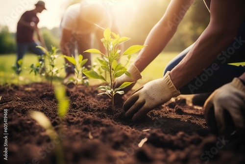 People planting trees or working in community garden promoting local food production and habitat restoration, concept of Sustainability and Community Engagement , generate ai