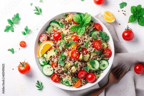 Quinoa tabbouleh salad with red cherry tomatoes, orange paprika, avocado, cucumbers and parsley. Traditional Middle Eastern and Arabic dish. White table background, top view, generate ai