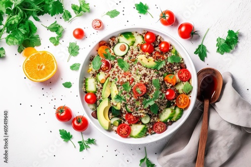 Quinoa tabbouleh salad with red cherry tomatoes, orange paprika, avocado, cucumbers and parsley. Traditional Middle Eastern and Arabic dish. White table background, top view, generate ai