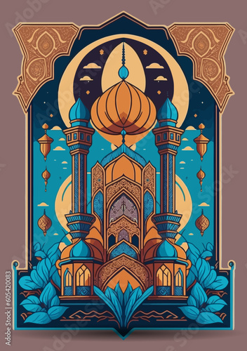 Islamic holiday celebration banner designed with crescent moon and illustration of mosque