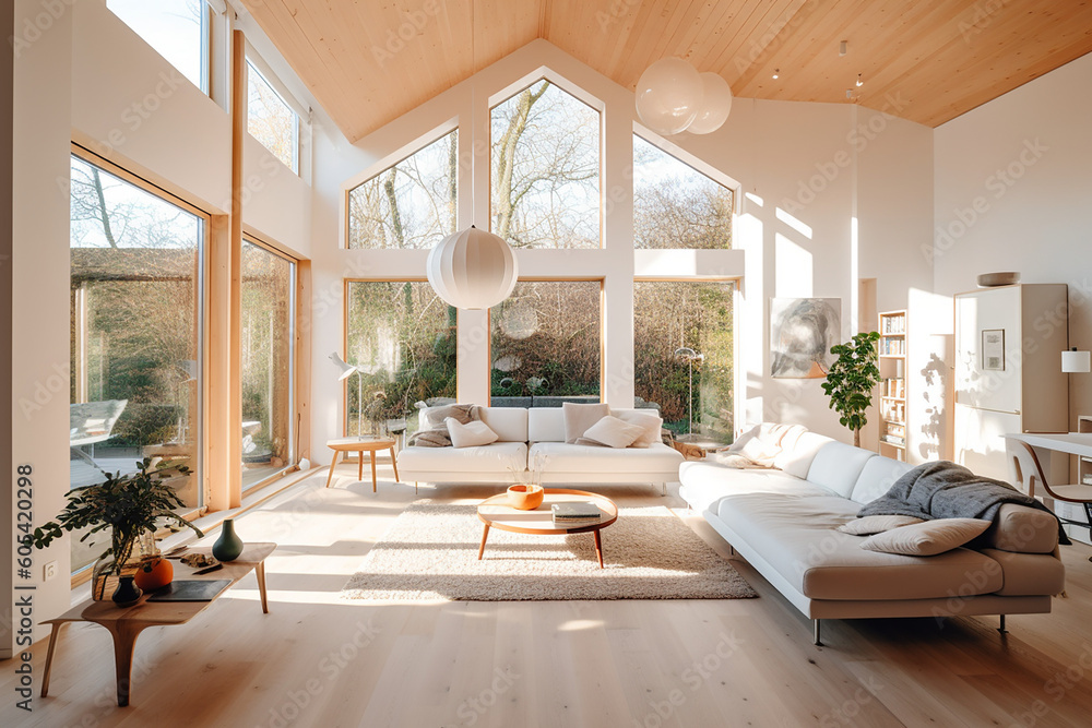 A living luxurary room of a beautiful bright modern Scandinavian style house, generative AI A living luxurary room of a beautiful bright modern Scandinavian style house, generative AI