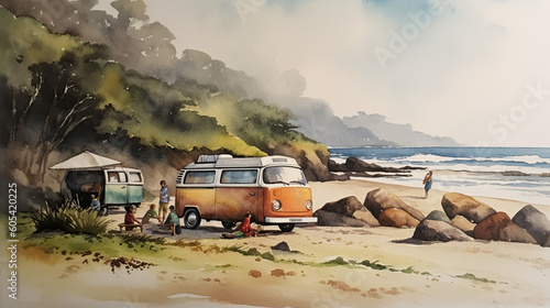 watercolor painted picture of a campsite on the beach by the sea. Generative AI