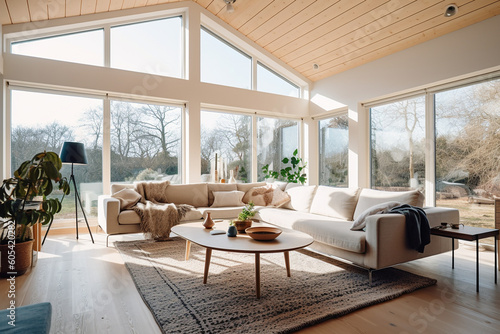 A living luxurary room of a beautiful bright modern Scandinavian style house, generative AI © TimosBlickfang