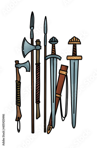 Collection of Viking Axes Spears and Swords.  A detailed illustration of Viking-era weapons including axes, spears, and swords in traditional style.