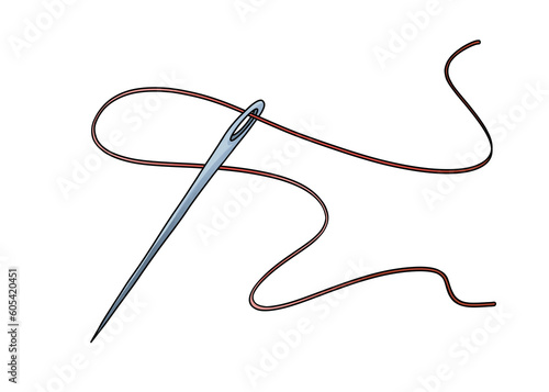 Sewing Needle with Brown Thread Loop. A metal sewing needle with brown thread in a loop, perfect for crafting or tailoring concepts.