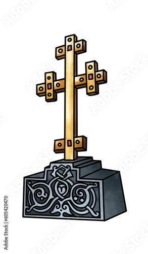 Orthodox Cross on Decorated Pedestal. Gold Orthodox cross with gemstones on a carved stone base, representing Eastern Christian tradition.