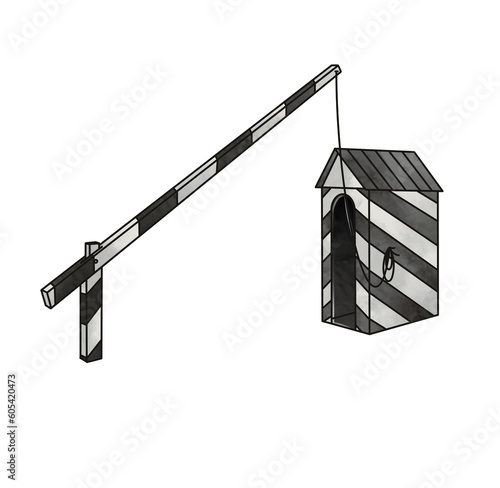 Vintage Guardhouse with Barrier Arm. Black and white striped guardhouse with a raised barrier, ideal for border or checkpoint illustrations.