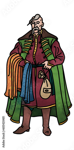 An elderly Ukrainian Cossack merchant in a caftan with bangs on his head, who sells fabrics and has money in a bag. Hand drawn color illustration with black outline. For illustrations of books