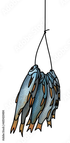 Group of Fresh Fish Hanging on String. A tied bundle of small blue fish hanging from a string, perfect for fishing, seafood, or traditional market themes.