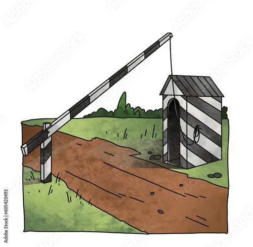 Old Guardhouse with Barrier on Country Road. A black and white striped guardhouse and barrier on a dirt road in a rural landscape, illustrated in vintage style.