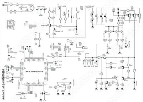 Connection of peripheral devices to the microcontroller. Vector electrical schematic diagram of an electronic device with power unit.