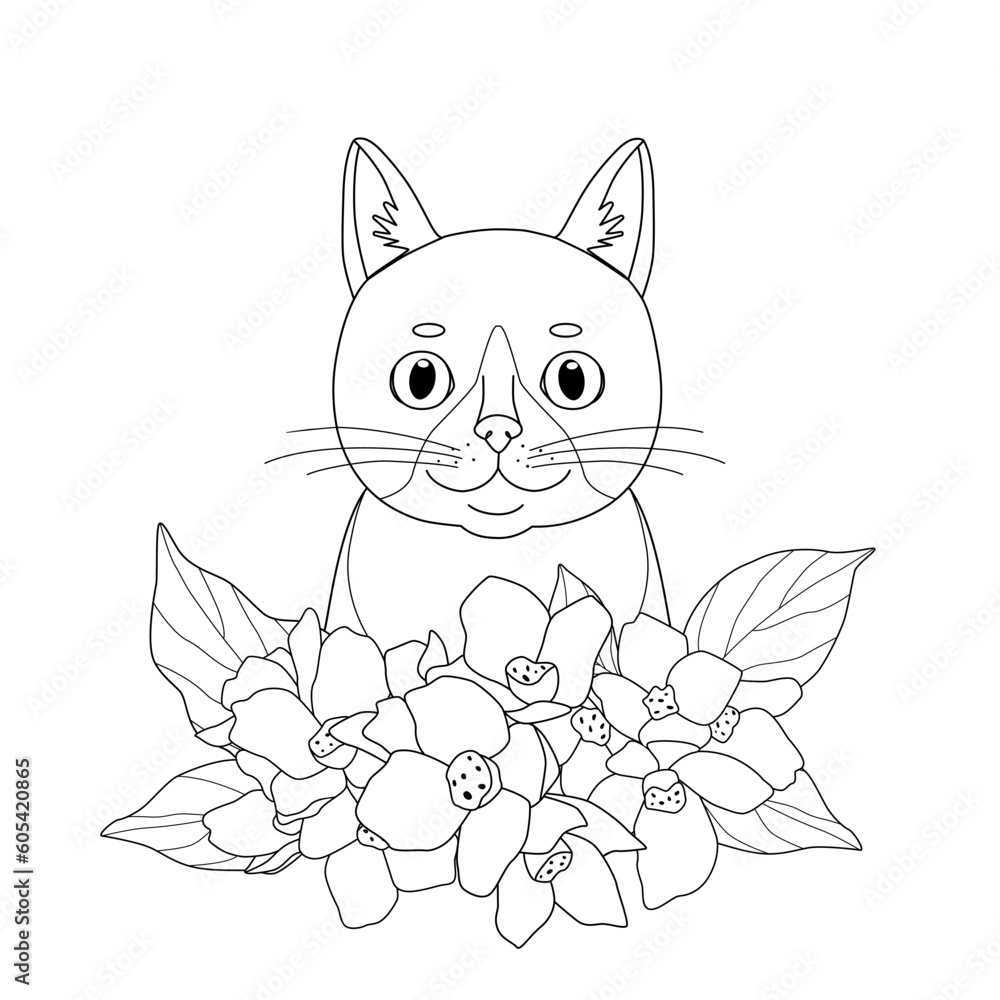 Cute coloring book with cat in flowers. Simple shapes, outline for children and adults. Vector illustration